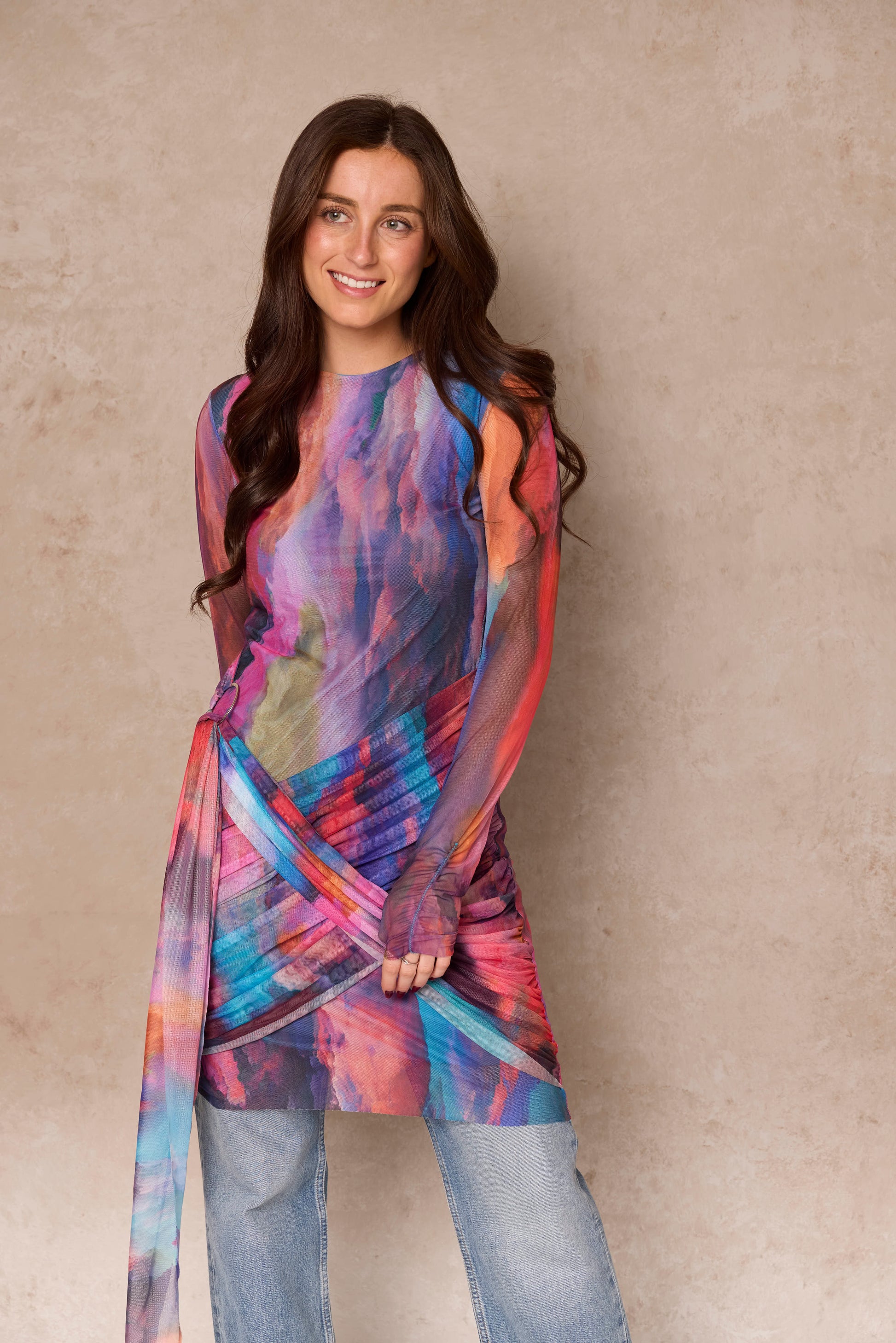 rainbow dress short Dopamine Sweet Girl Cotton Candy Rainbow Tie-Dye Pattern Waist-Cinched Dress